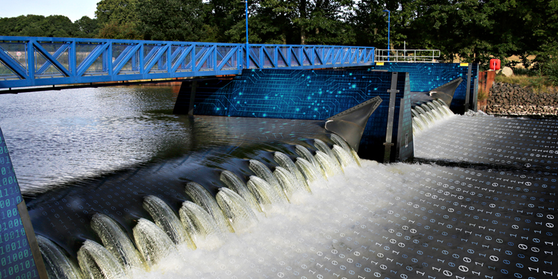 Foto der Bannetzer Schleuse mit über Bildprogramm eingearbeitete Binärcode