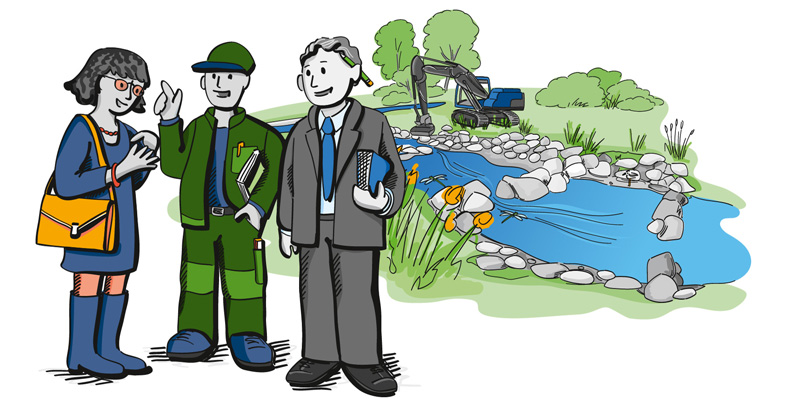 Grafik zeigt drei Personen im Dialog neben einer Fischtreppe. Link führt zum Planungsnavigator Ökologische Durchgängigkeit